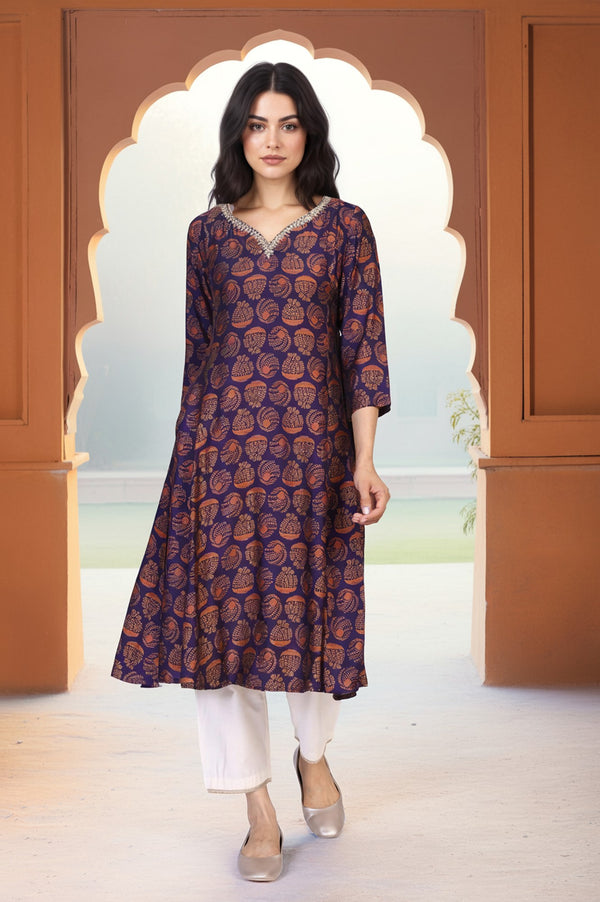 Purple Ethnic Motifs Printed Dori Embroidery Flared Crepe Kurta