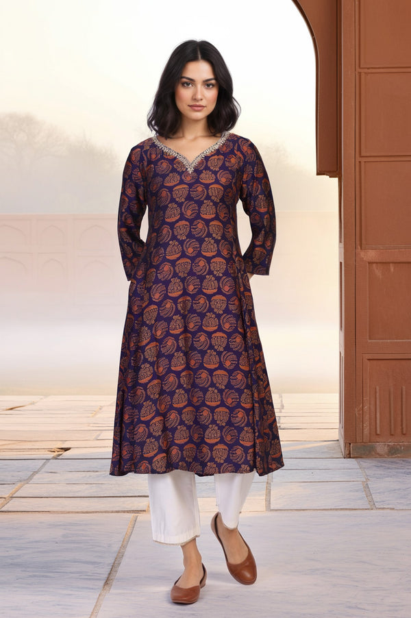 Purple Ethnic Motifs Printed Dori Embroidery Flared Crepe Kurta