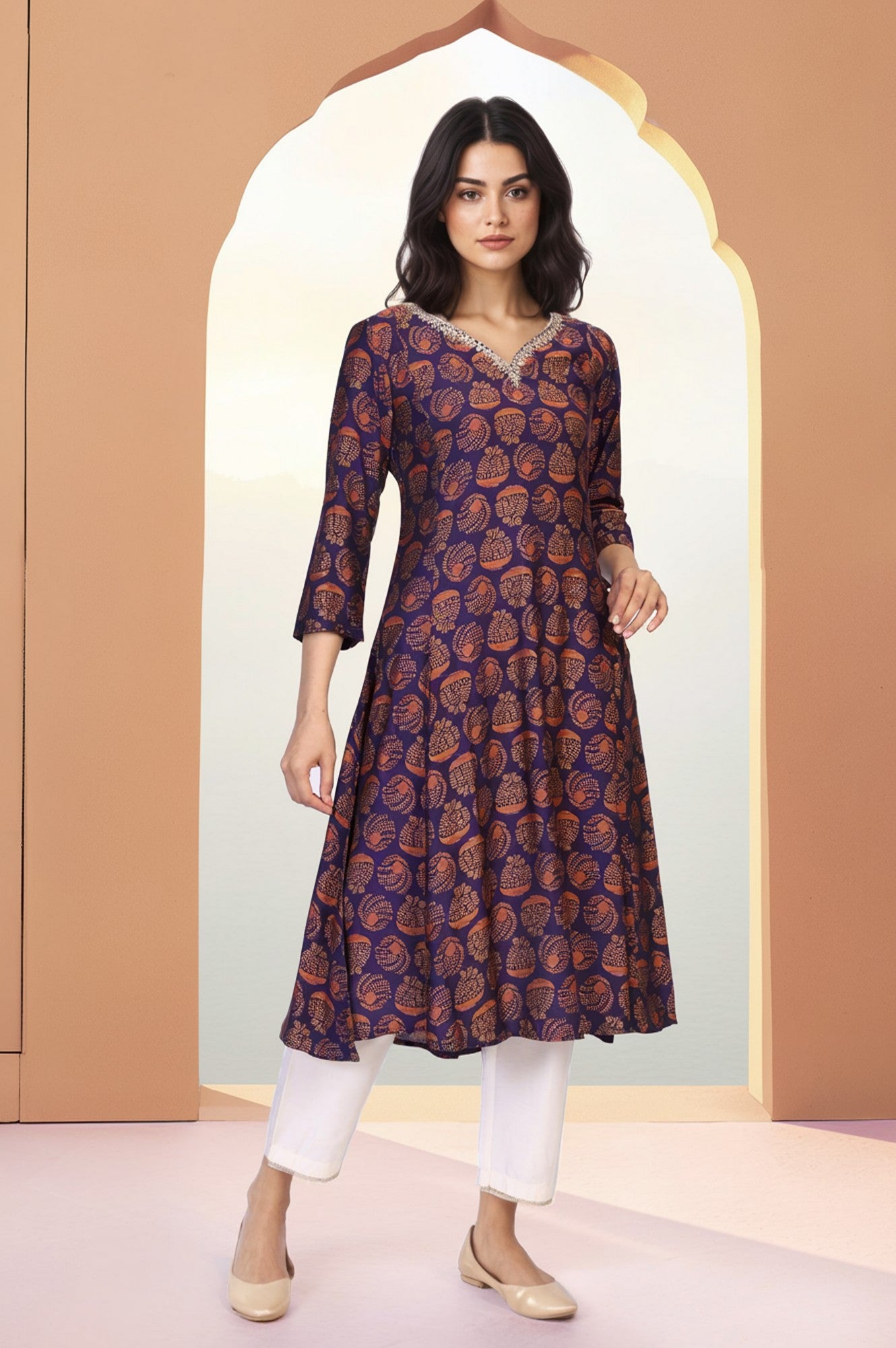 Purple Ethnic Motifs Printed Dori Embroidery Flared Crepe Kurta