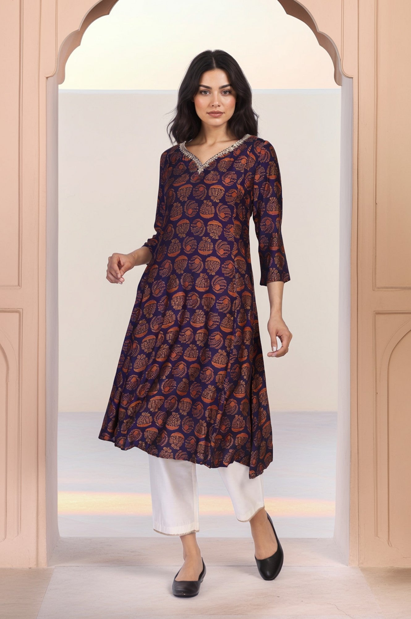 Purple Ethnic Motifs Printed Dori Embroidery Flared Crepe Kurta