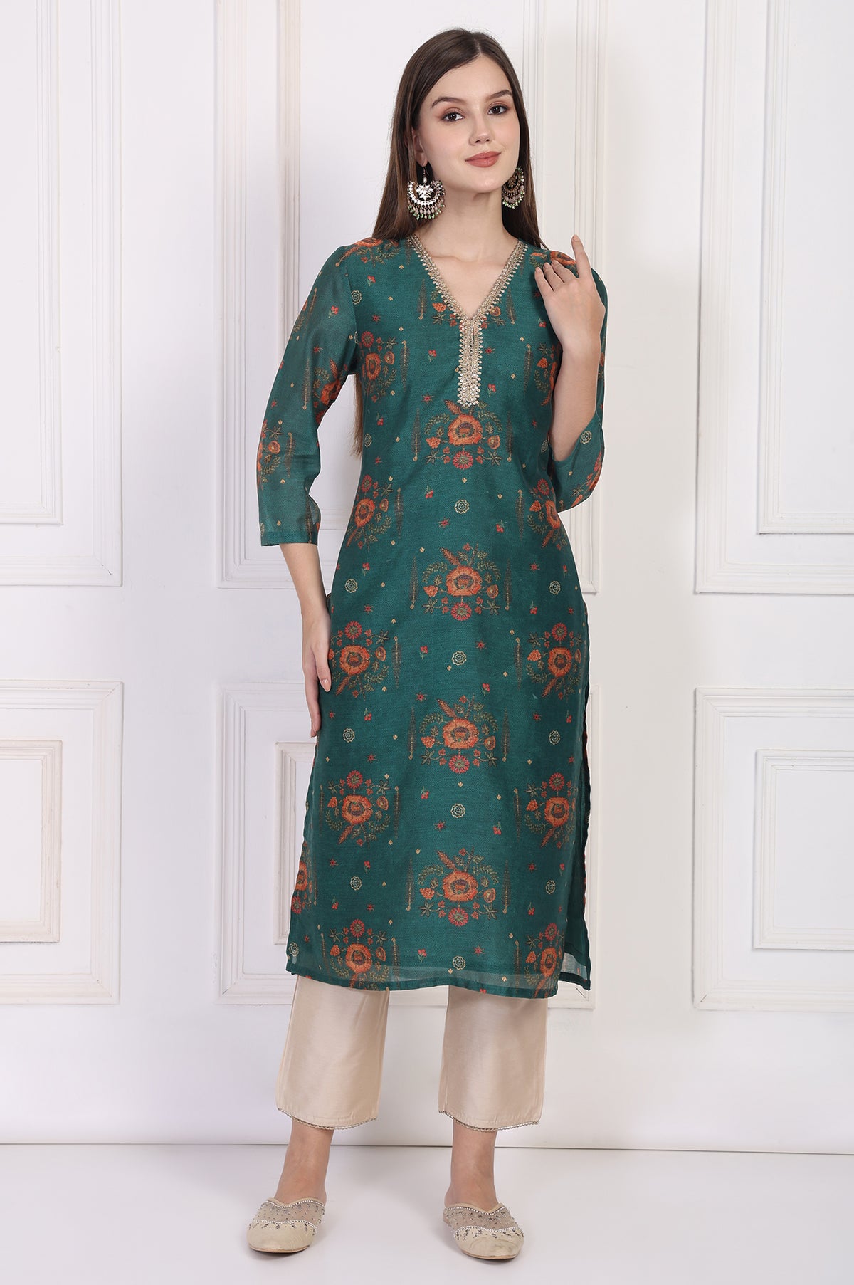 Teal Floral Printed Embellished Straight Silk Kurta - XS