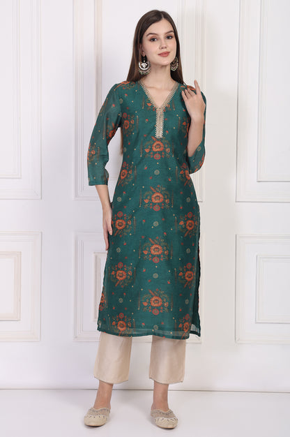 Teal Floral Printed Embellished Straight Silk Kurta
