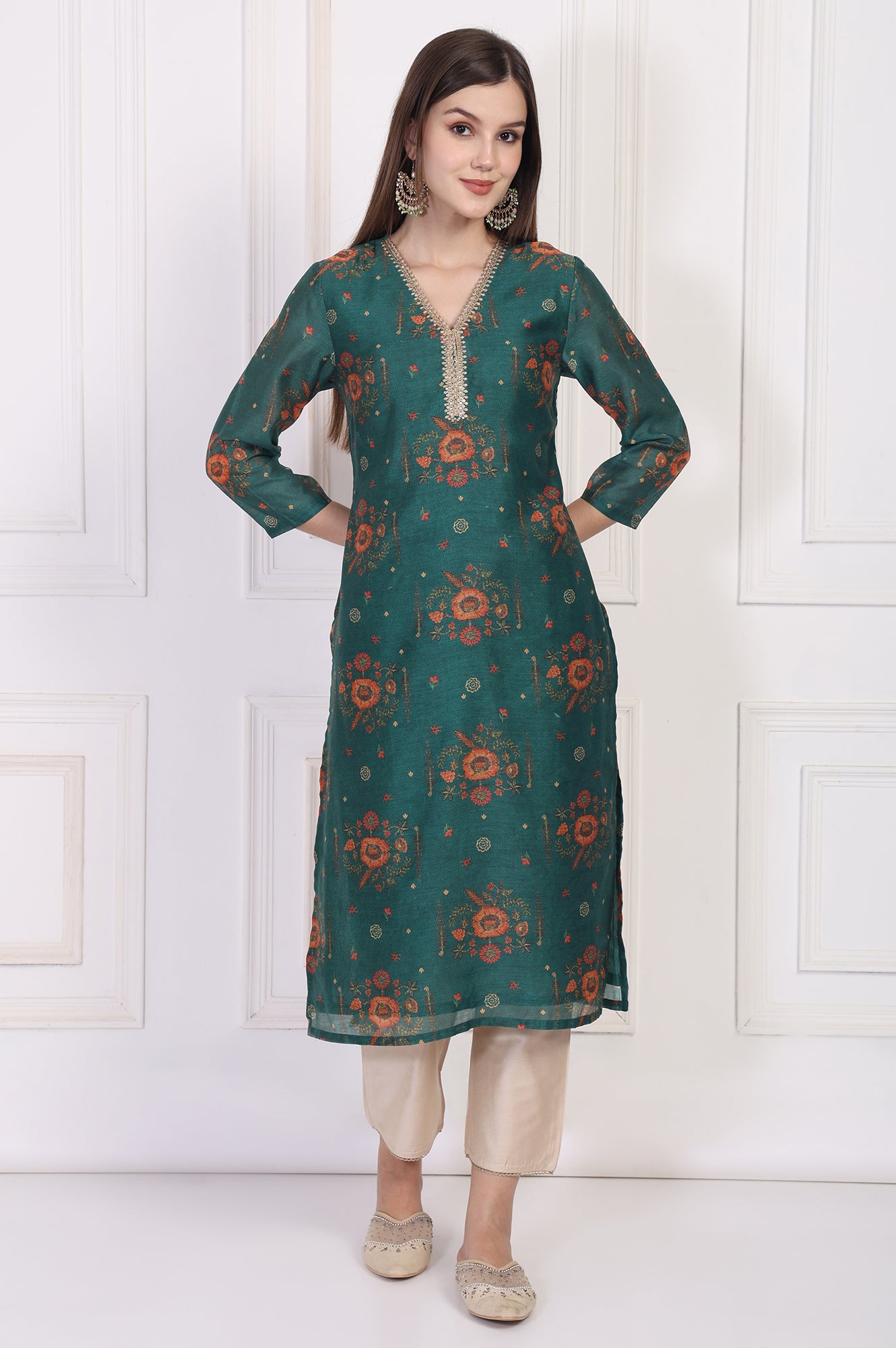 Teal Floral Printed Embellished Straight Silk Kurta