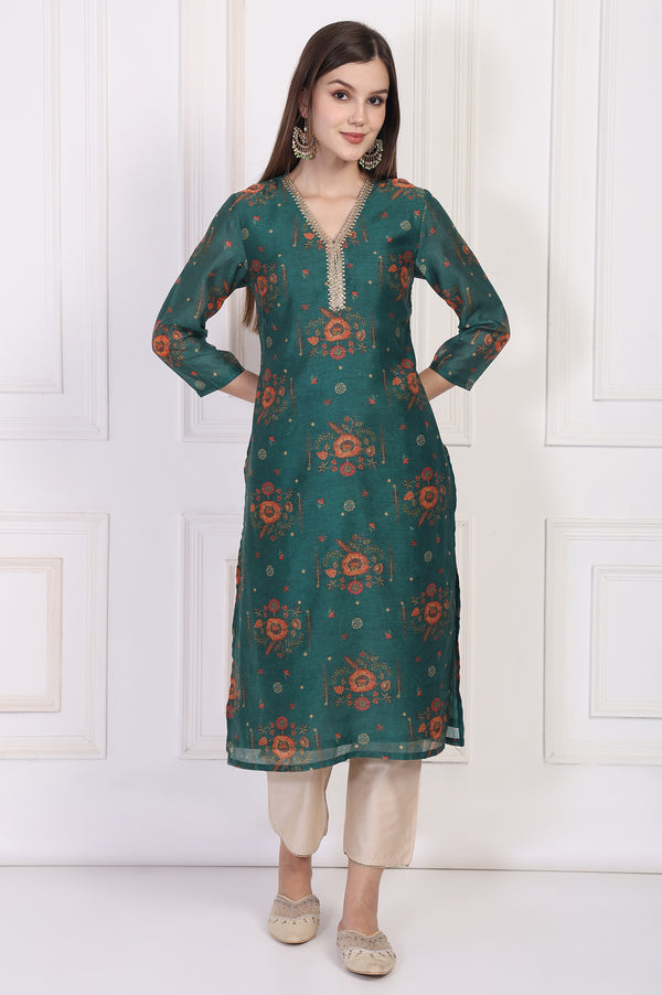 Teal Floral Printed Embellished Straight Silk Kurta