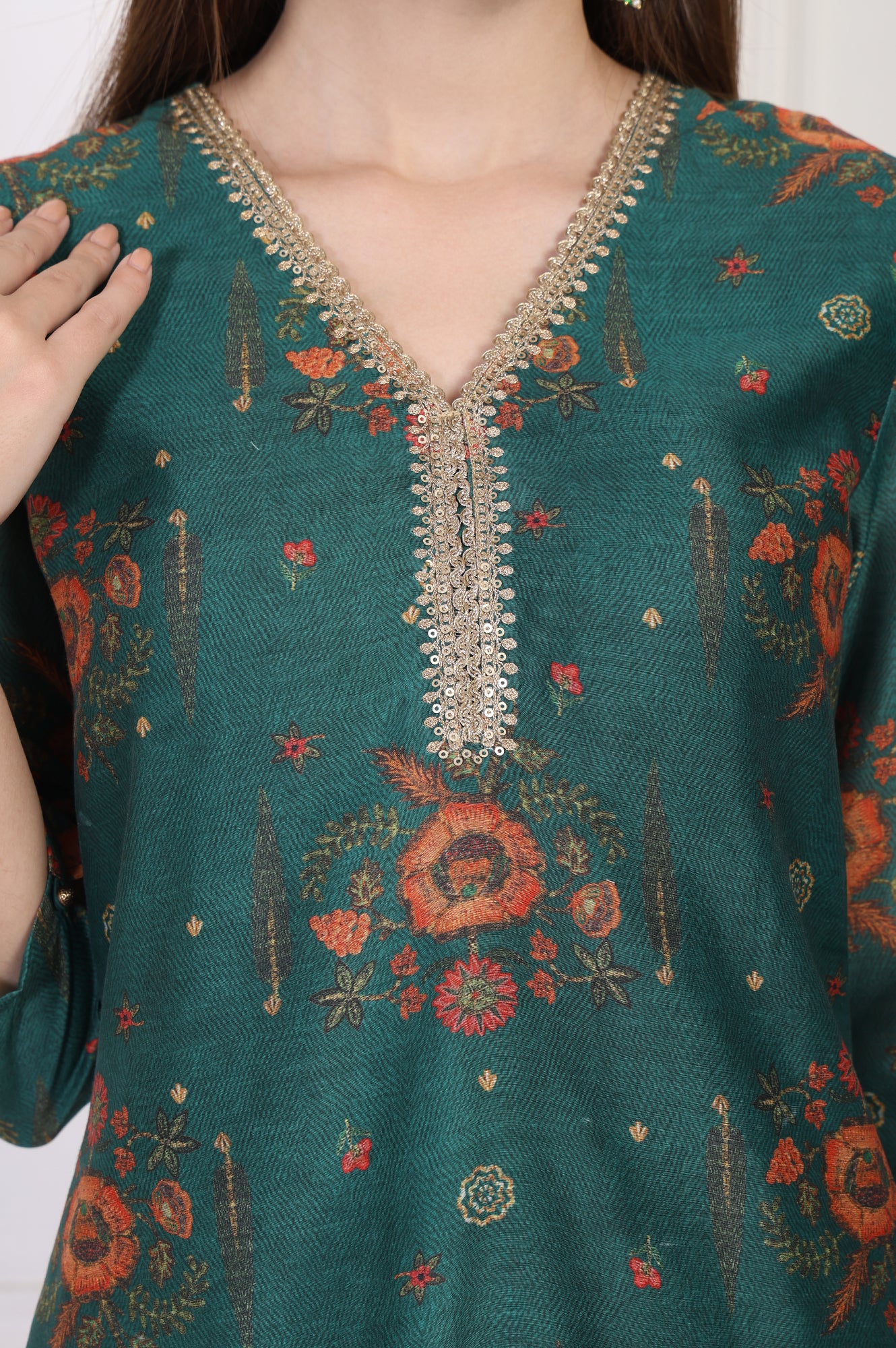 Teal Floral Printed Embellished Straight Silk Kurta