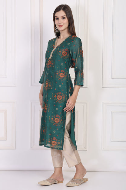 Teal Floral Printed Embellished Straight Silk Kurta
