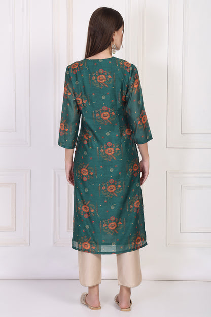 Teal Floral Printed Embellished Straight Silk Kurta