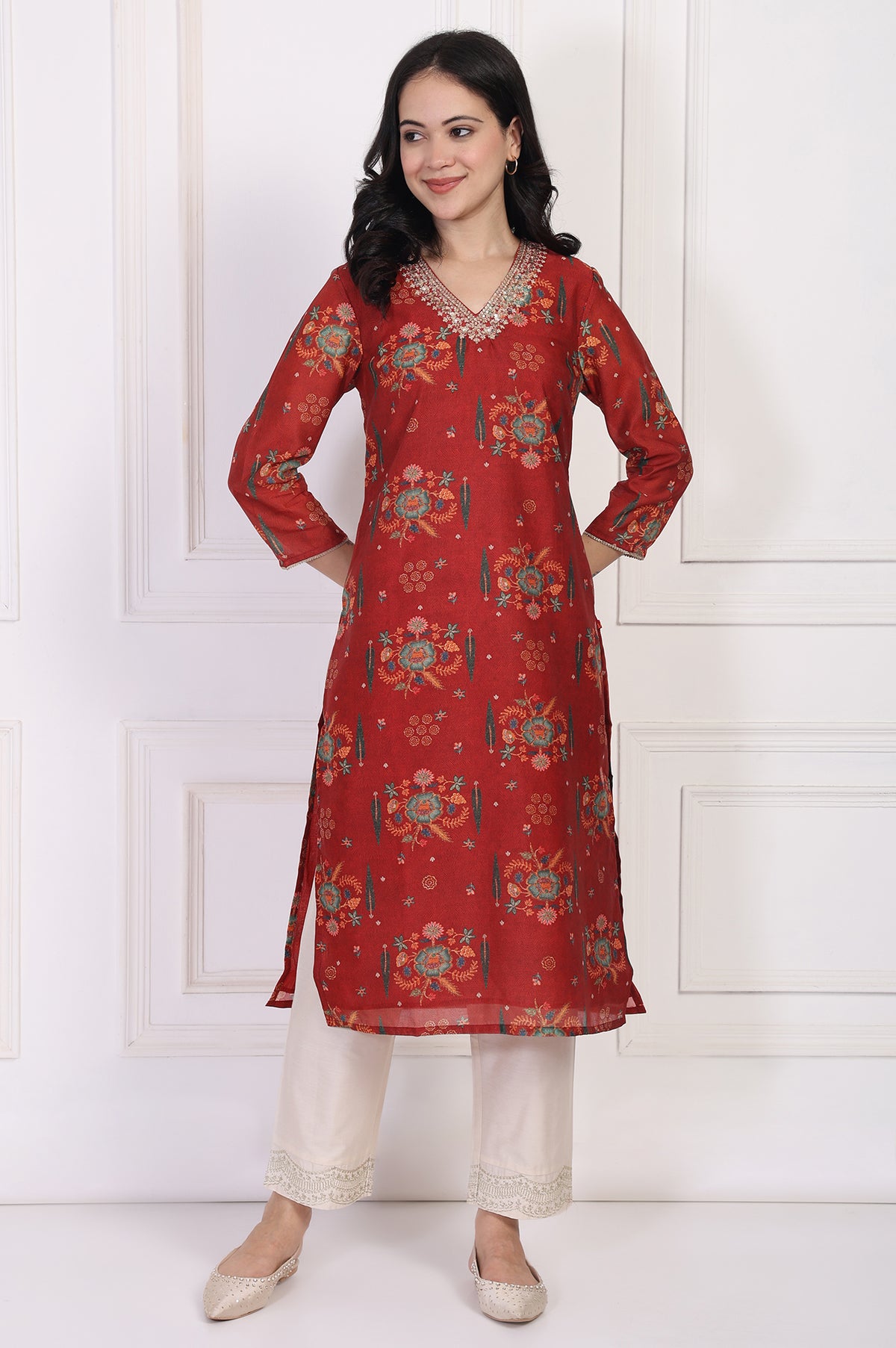Red Floral Printed Sequined Straight Kurta - XS