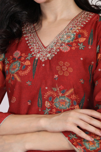 Red Floral Printed Sequined Straight Kurta