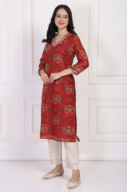 Red Floral Printed Sequined Straight Kurta