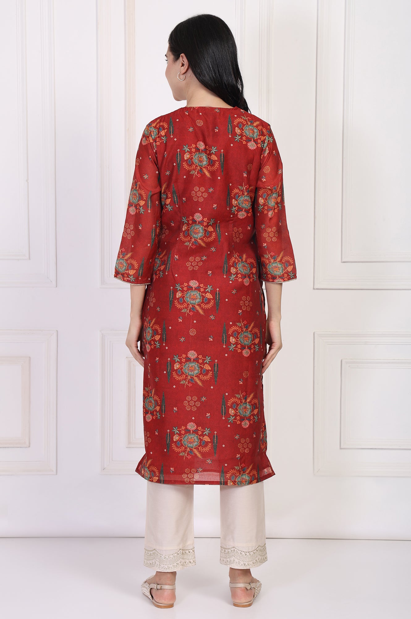 Red Floral Printed Sequined Straight Kurta