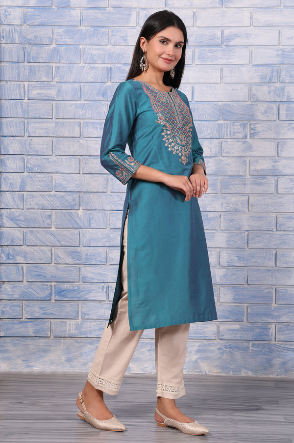 Green Metallic Embroidered Straight Kurta