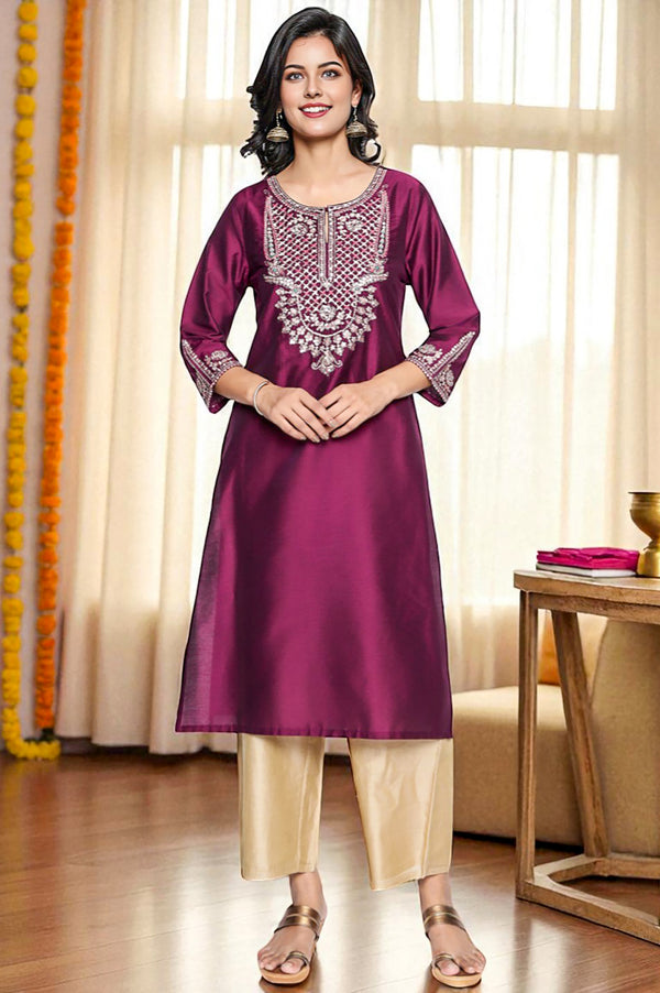 Wine Solid Printed Ps Straight Kurta
