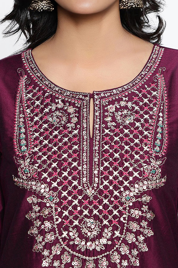 Wine Solid Printed Ps Straight Kurta