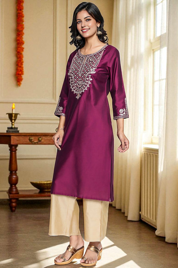 Wine Solid Printed Ps Straight Kurta