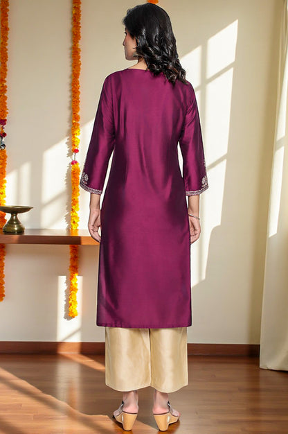 Wine Solid Printed Ps Straight Kurta