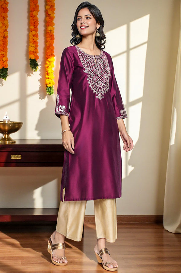 Wine Solid Printed Ps Straight Kurta