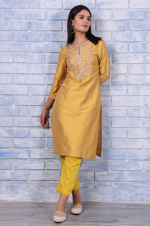 Yellow Metallic Embroidered Straight  Kurta