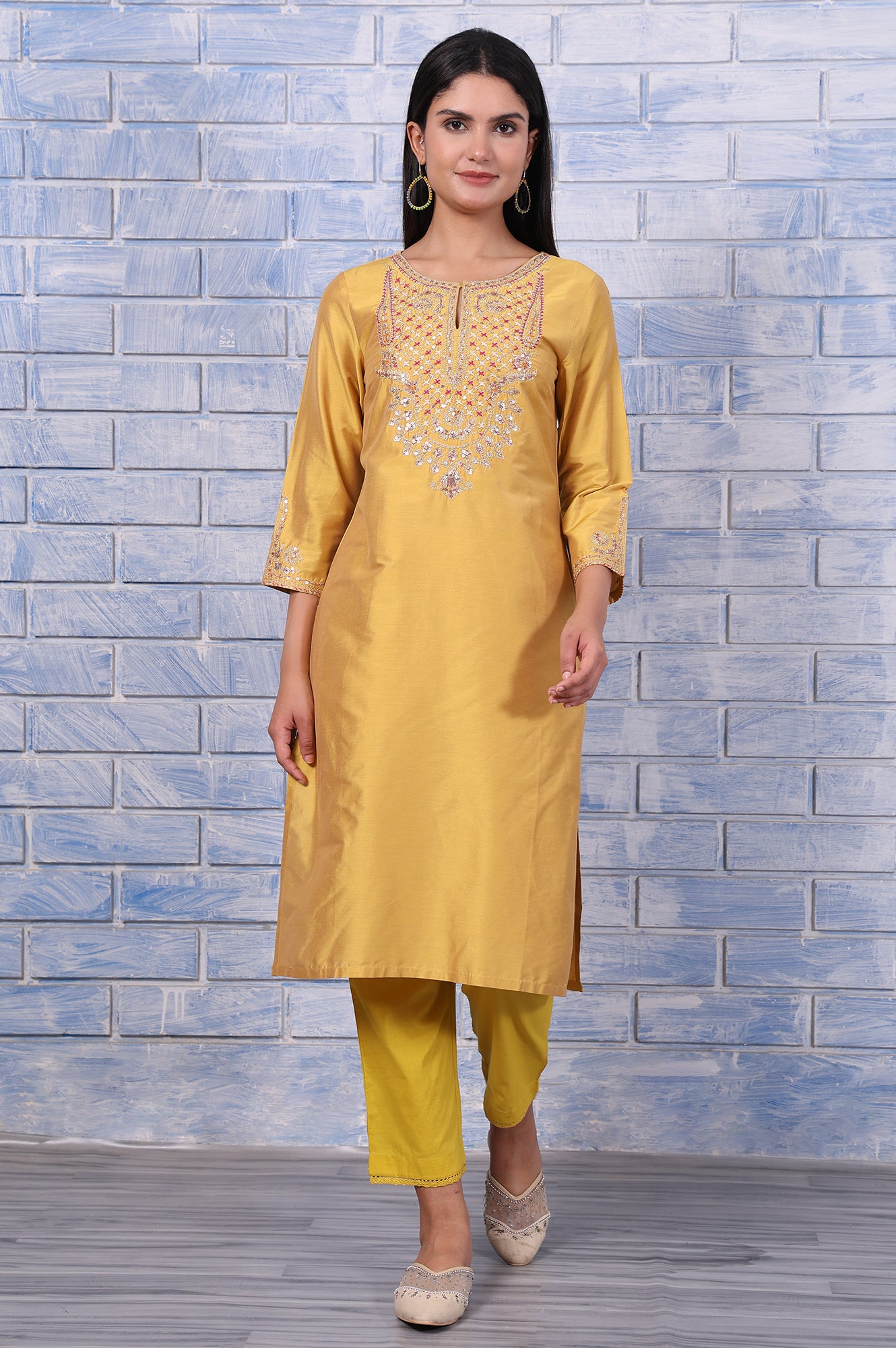 Yellow Metallic Embroidered Straight  Kurta