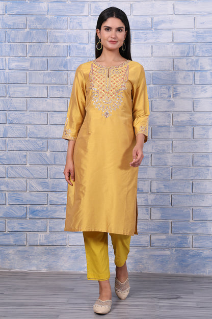 Yellow Metallic Embroidered Straight  Kurta