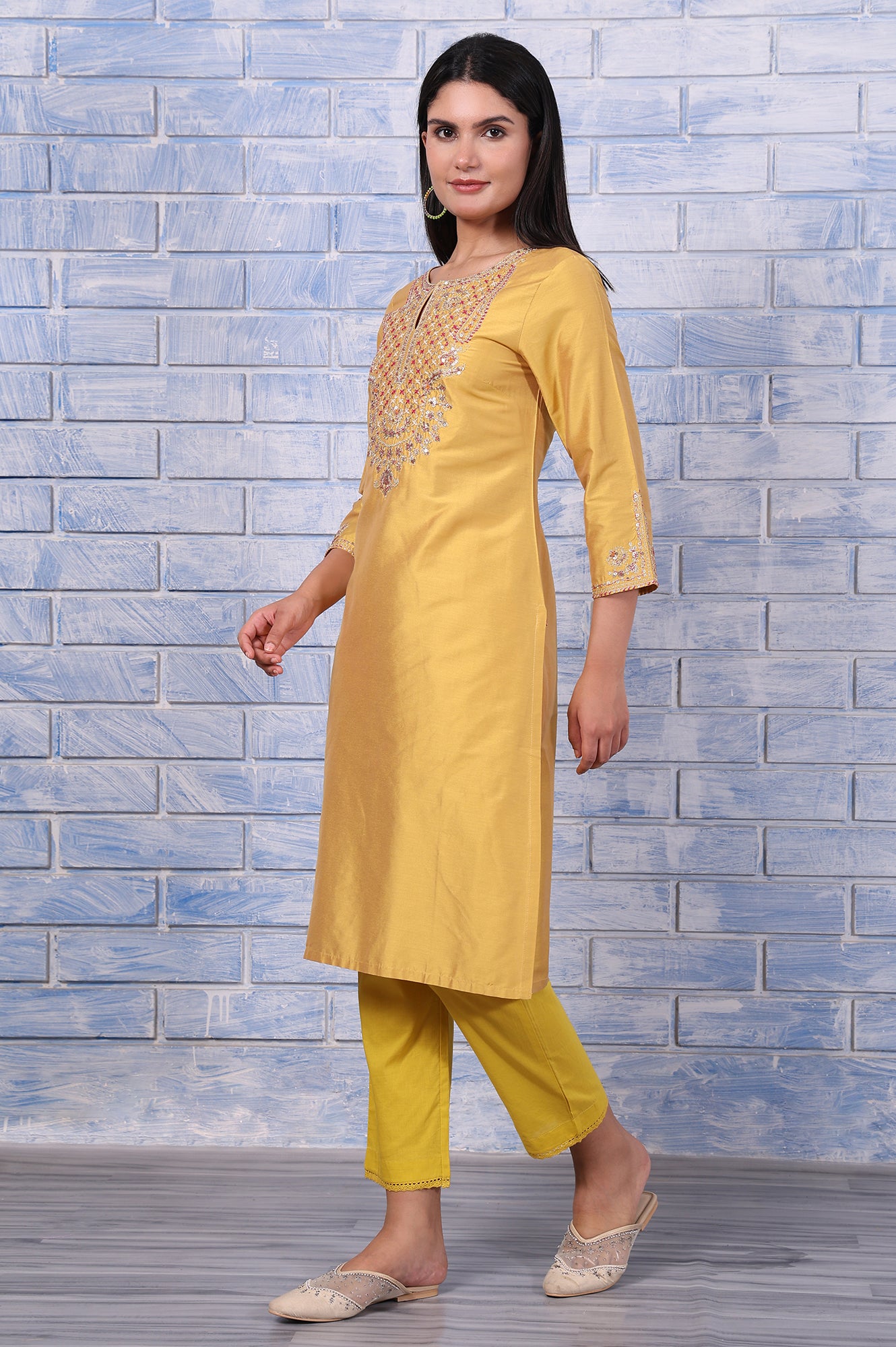 Yellow Metallic Embroidered Straight  Kurta