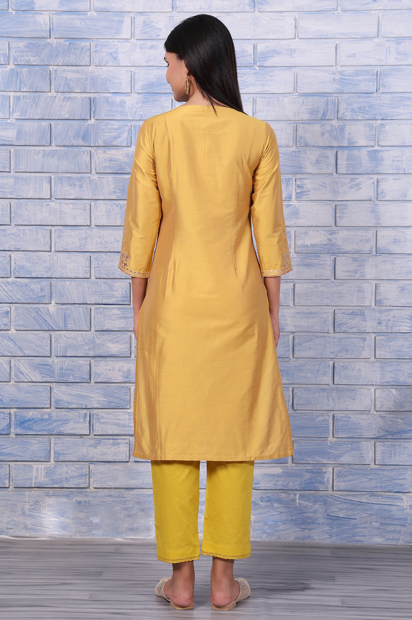 Yellow Metallic Embroidered Straight  Kurta