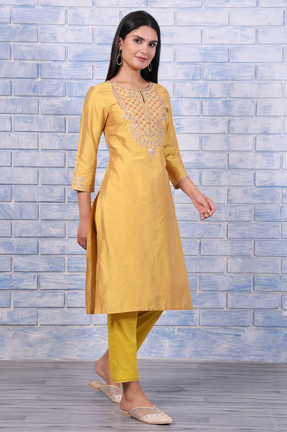 Yellow Metallic Embroidered Straight  Kurta