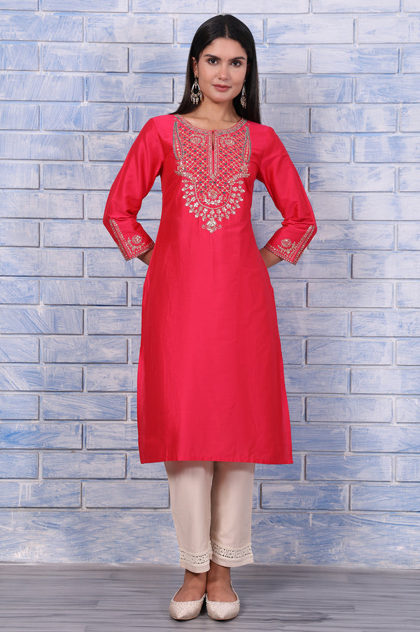 Pink Metallic Embroidered Straight  Kurta