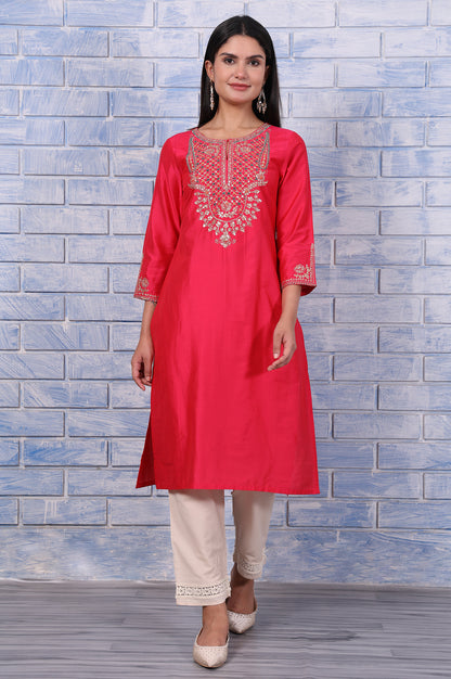 Pink Metallic Embroidered Straight  Kurta