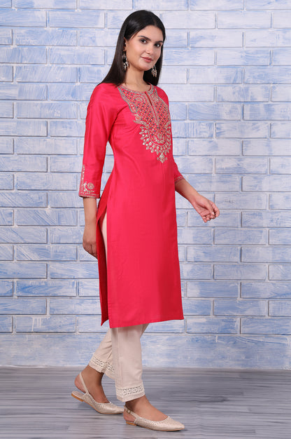 Pink Metallic Embroidered Straight  Kurta