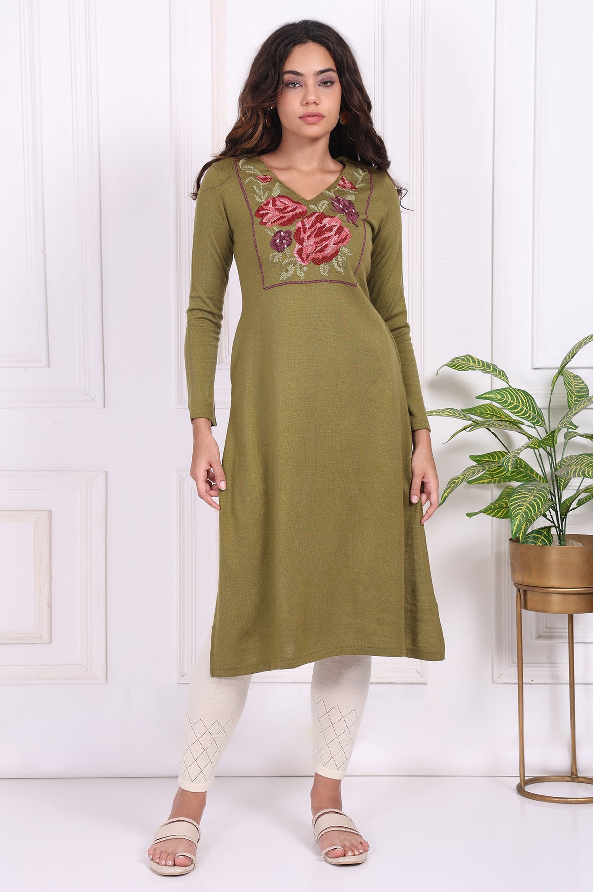 Olive Embroidered Floral Straight Acrylic Kurta - XS