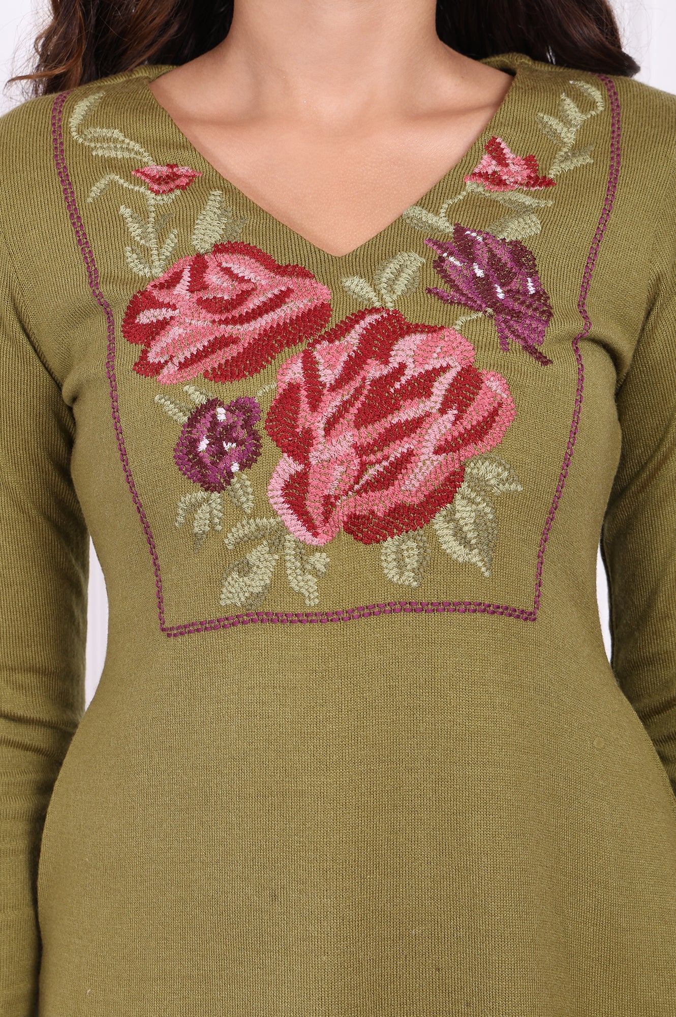 Olive Embroidered Floral Straight Acrylic Kurta