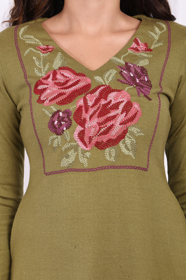 Olive Embroidered Floral Straight Acrylic Kurta