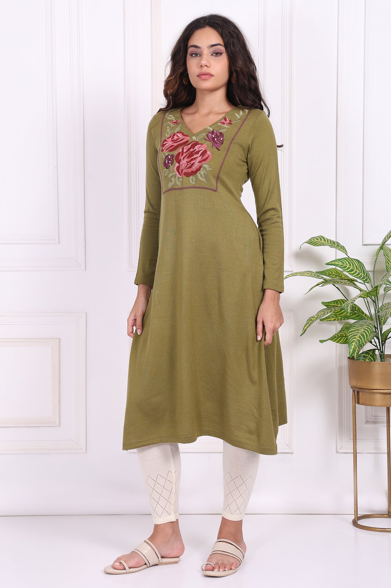 Olive Embroidered Floral Straight Acrylic Kurta