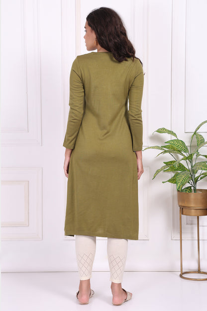 Olive Embroidered Floral Straight Acrylic Kurta