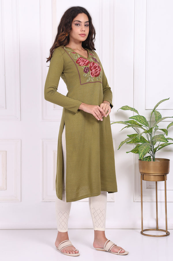 Olive Embroidered Floral Straight Acrylic Kurta