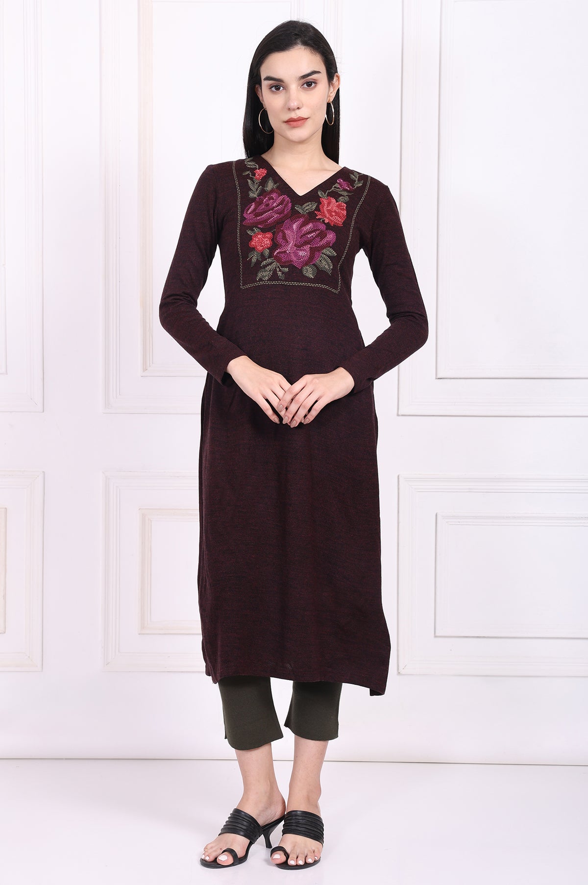 Maroon Embroidered Straight Acrylic Winter Kurta - XS