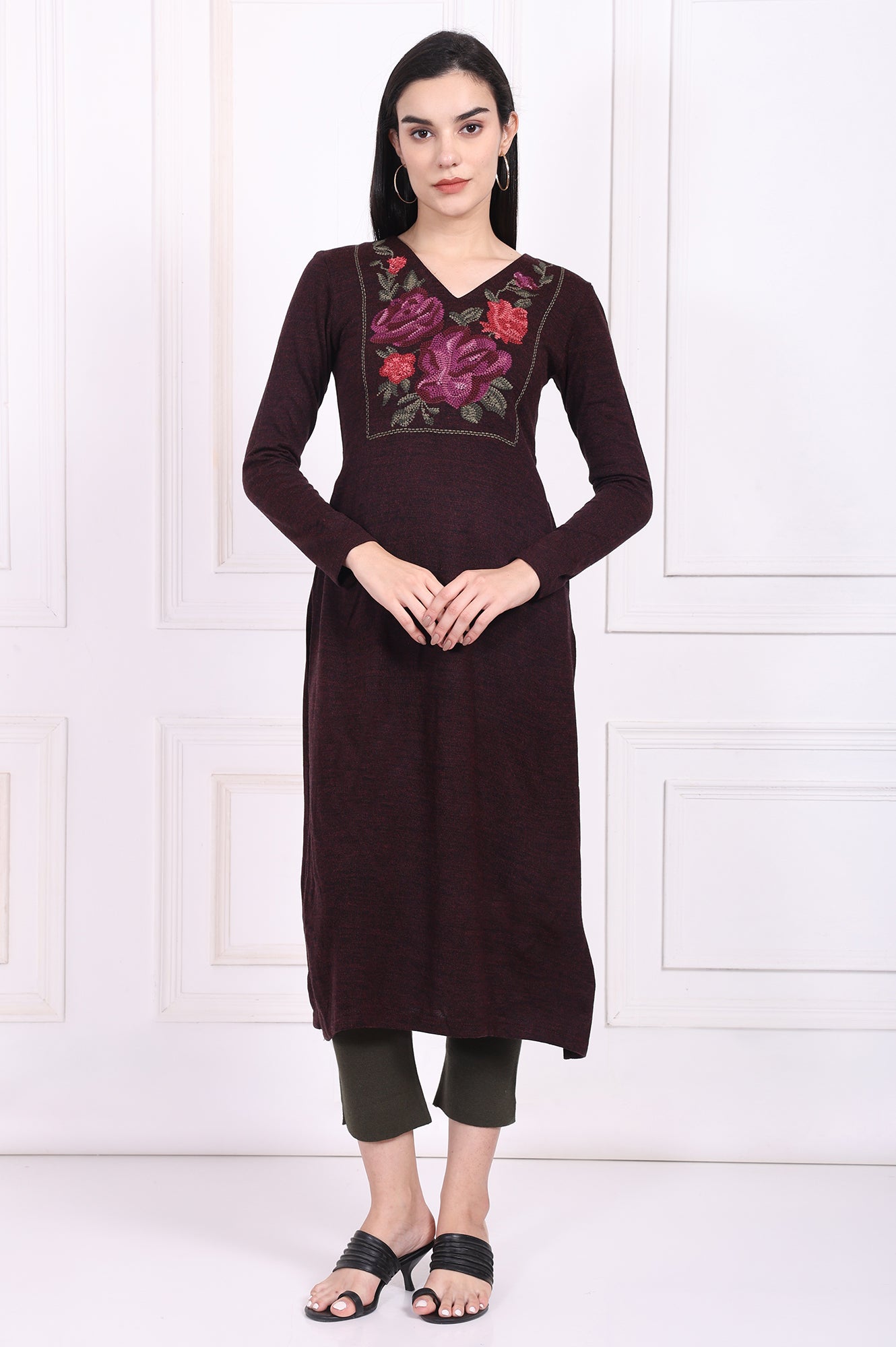 Maroon Embroidered Straight Acrylic Winter Kurta