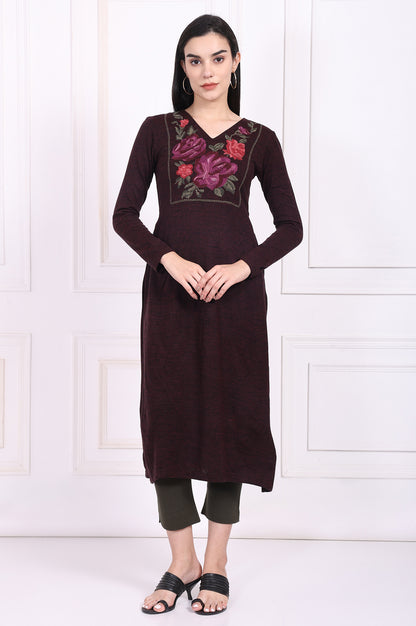 Maroon Embroidered Straight Acrylic Winter Kurta
