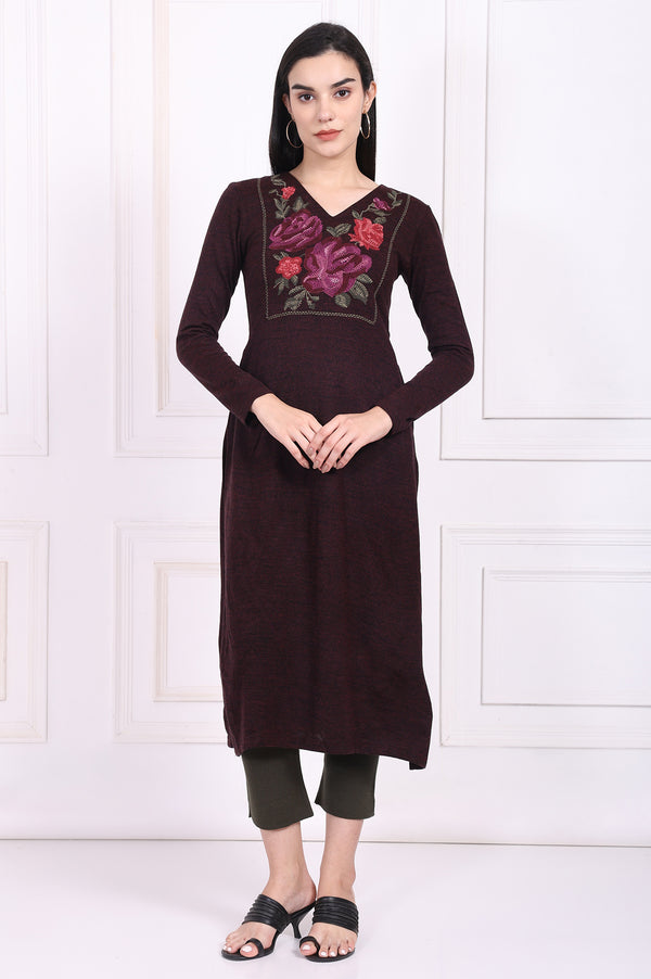 Maroon Embroidered Straight Acrylic Winter Kurta