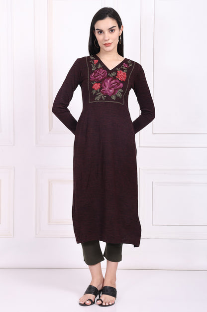 Maroon Embroidered Straight Acrylic Winter Kurta