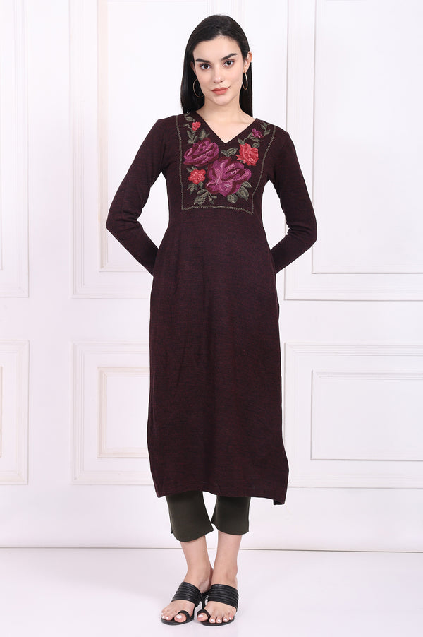 Maroon Embroidered Straight Acrylic Winter Kurta