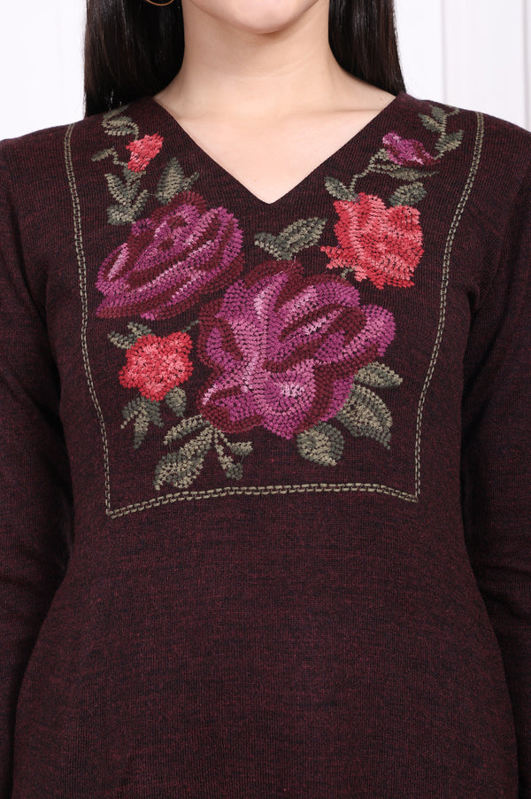 Maroon Embroidered Straight Acrylic Winter Kurta