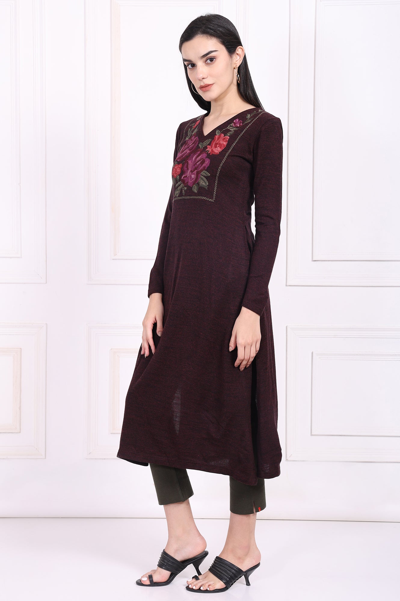 Maroon Embroidered Straight Acrylic Winter Kurta