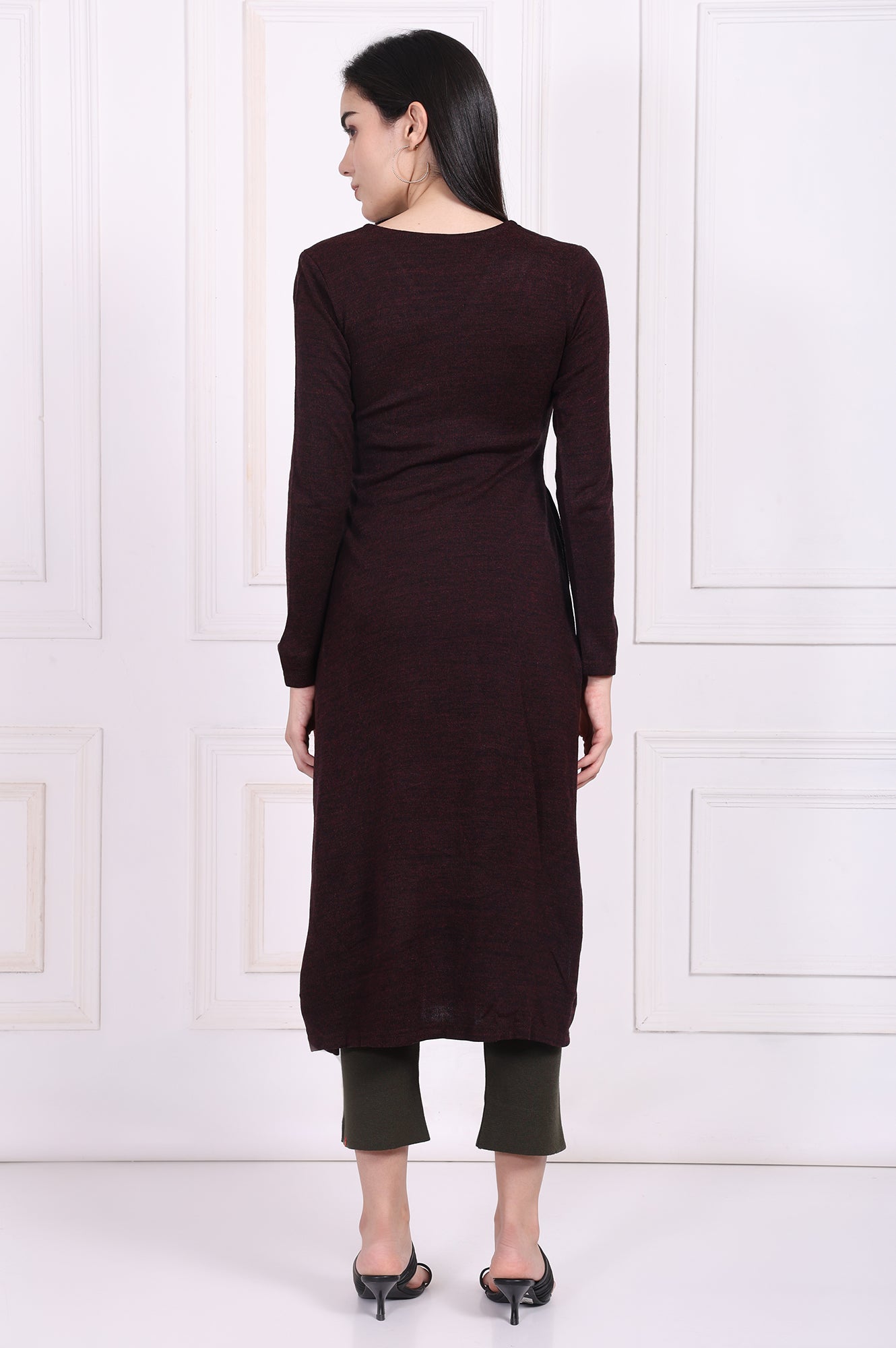 Maroon Embroidered Straight Acrylic Winter Kurta