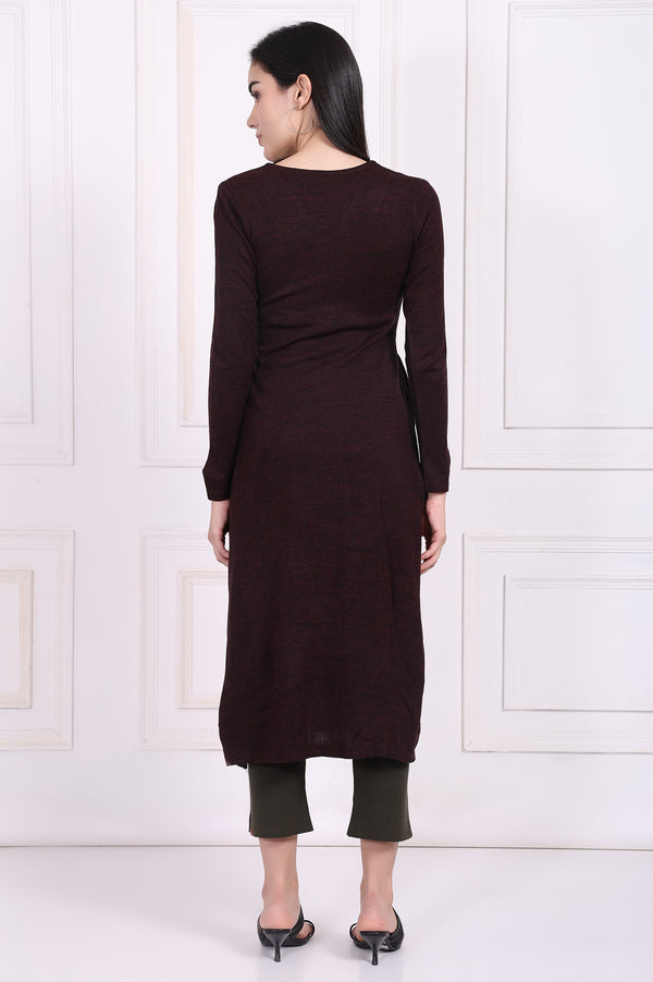 Maroon Embroidered Straight Acrylic Winter Kurta