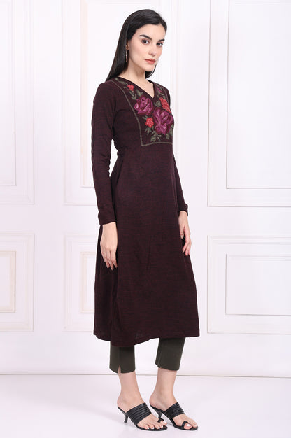 Maroon Embroidered Straight Acrylic Winter Kurta