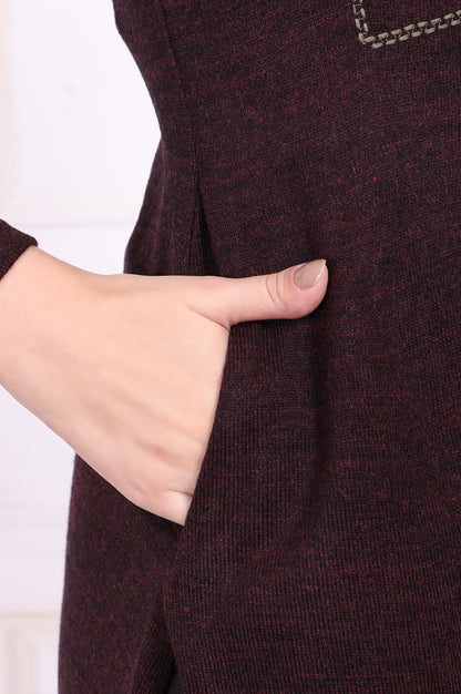 Maroon Embroidered Straight Acrylic Winter Kurta