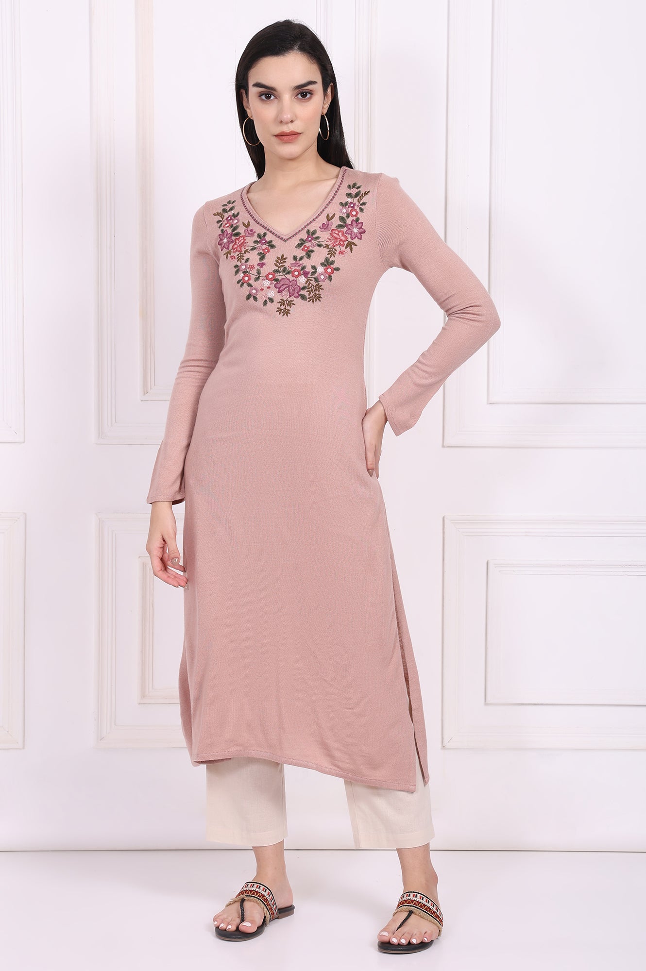 Pink Embroidered Straight Acrylic Winter Kurta