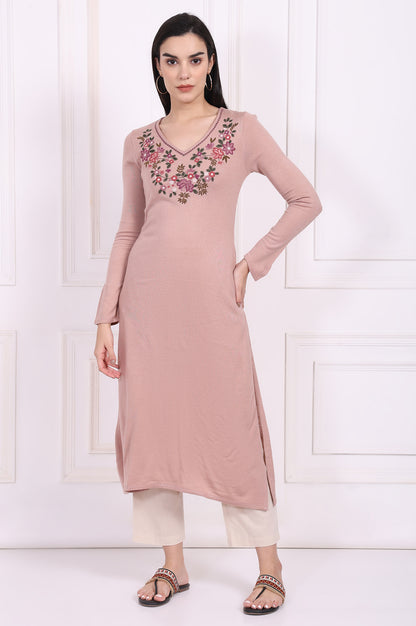 Pink Embroidered Straight Acrylic Winter Kurta